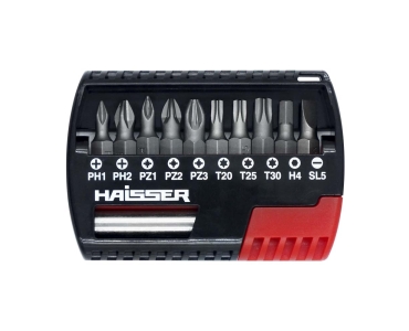 Набір біт 11шт (PH1,PH2,PZ1,PZ2,PZ3,T20,T25,T30,HEX4,SL5, тримач 1/4" х 60 мм по 1шт) HAISSER