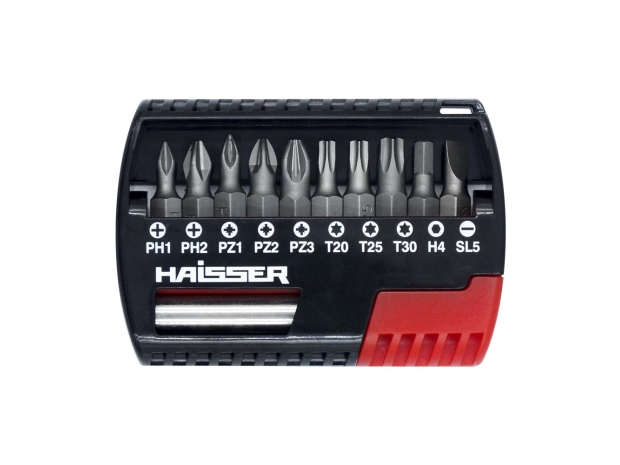 Набір біт 11шт (PH1,PH2,PZ1,PZ2,PZ3,T20,T25,T30,HEX4,SL5, тримач 1/4" х 60 мм по 1шт) HAISSER
