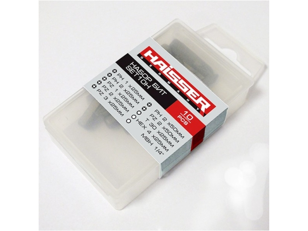 Набір біт SET10H 10 шт (PH1,PH2,PZ1,PZ2,PZ3,T30,HEX4x25,PH2,PZ2x50, тримач 1/4" х 60 мм по 1шт) HAISSER